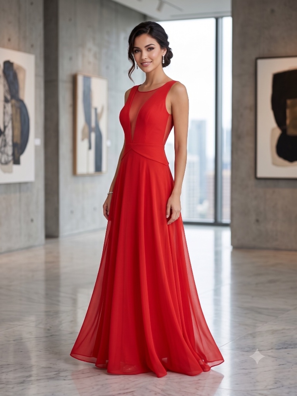 BCBGMAXAZRIA Vibrant Poppy Colored  Illusion V-Neck Maxi Dress -- Size 6